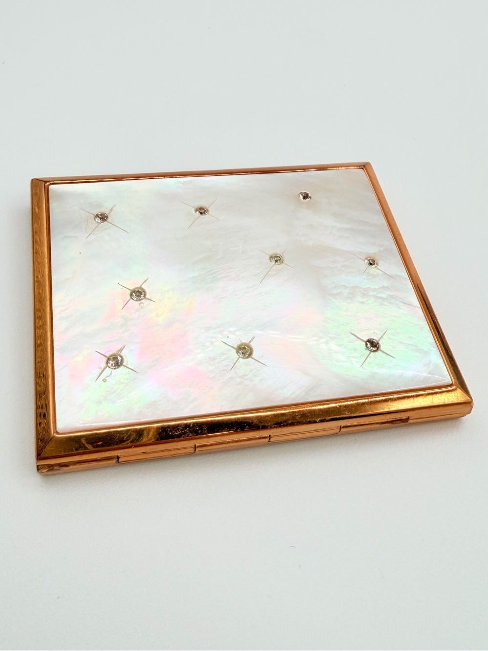 Vintage Elgin American Mother of Pearl Rhinestone Compact Made USA